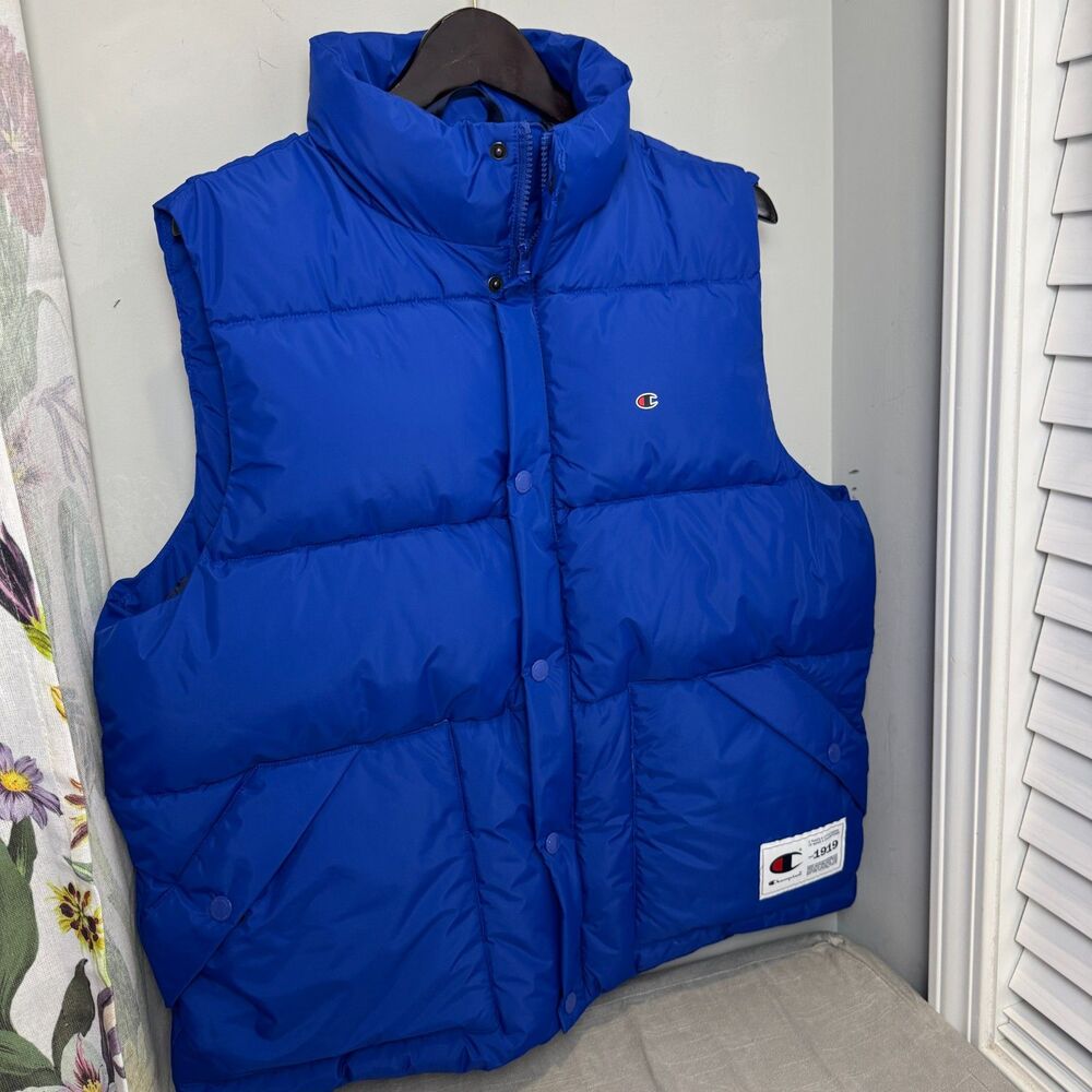 Champion Men's L Royal Blue Puffer Vest Quilted Full Zip Snap 1919 Logo NWOT